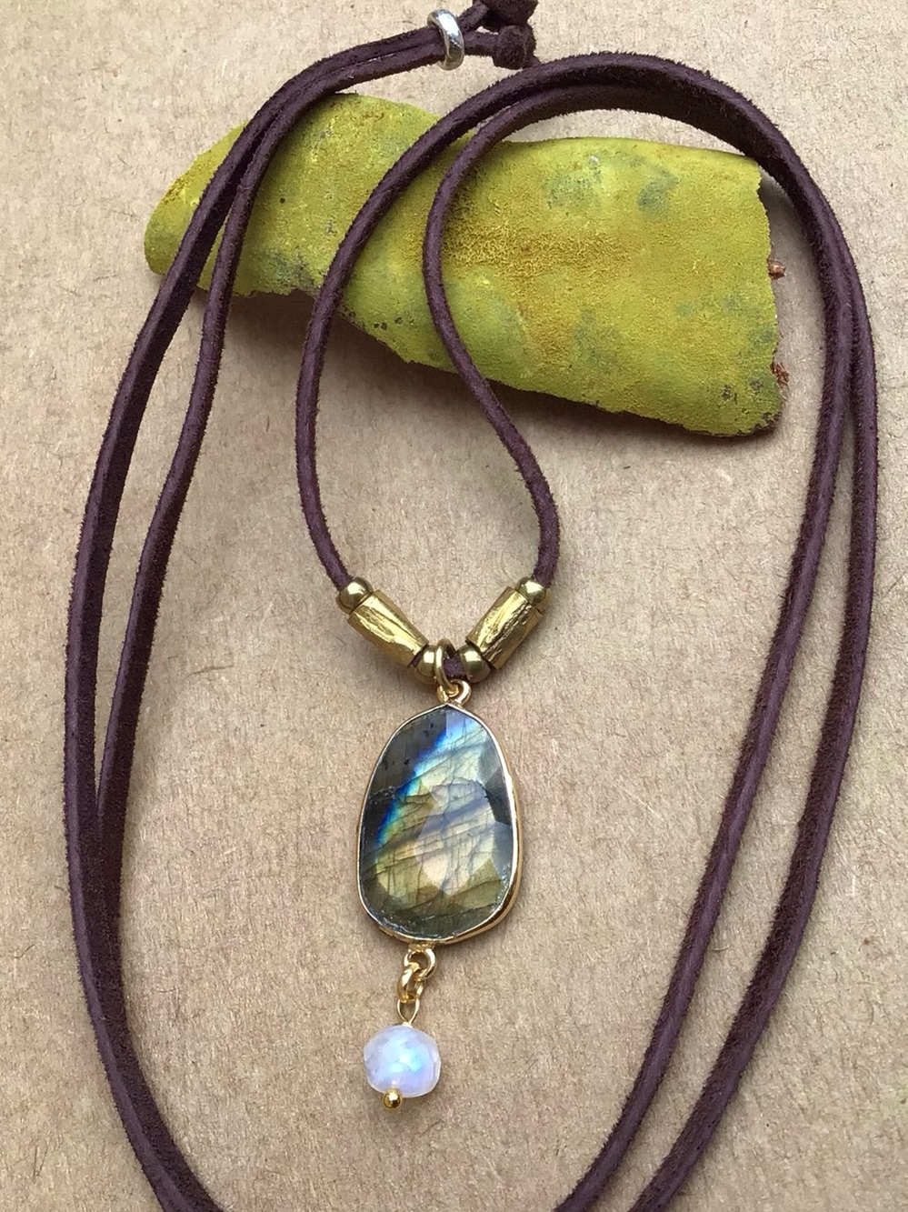 Natural Labradorite Moonstone leather suede cord Sundance Charm Necklace